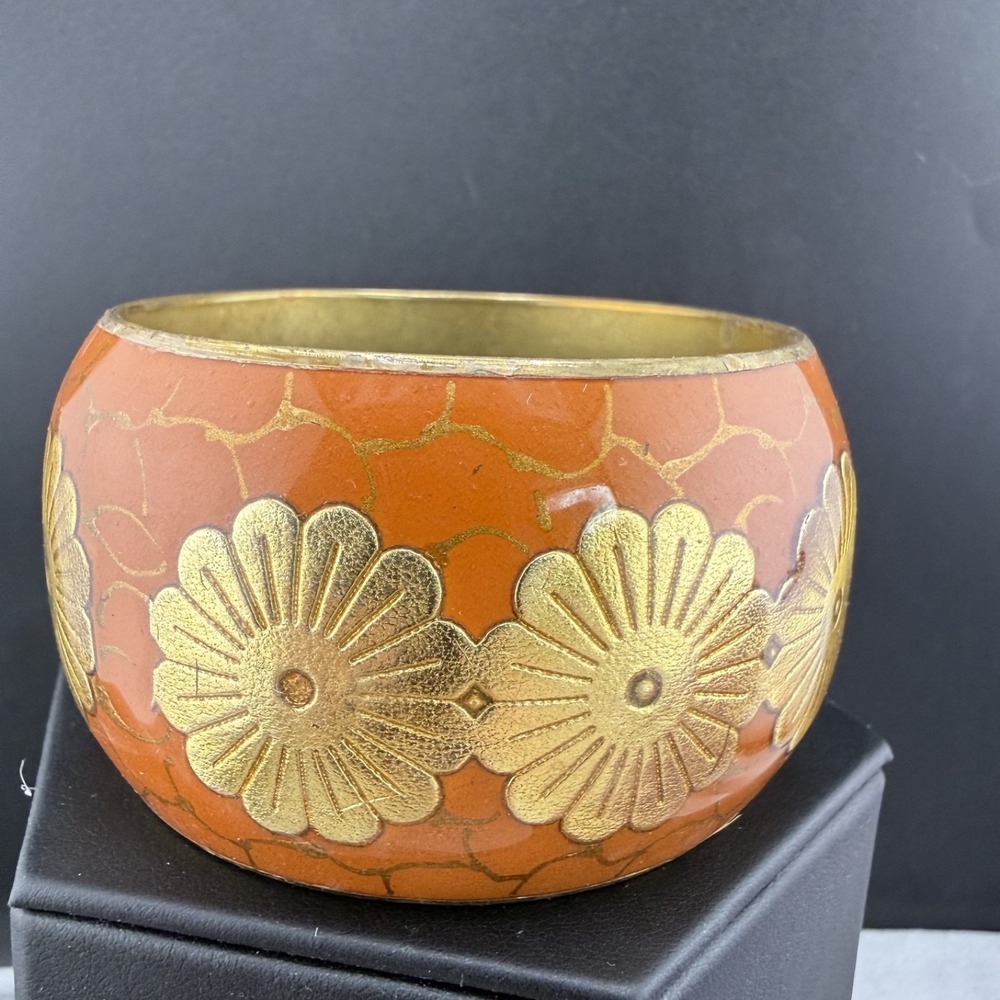 Vintage Chunky Brass Bangle Orange Enamel Flowers 8.5"